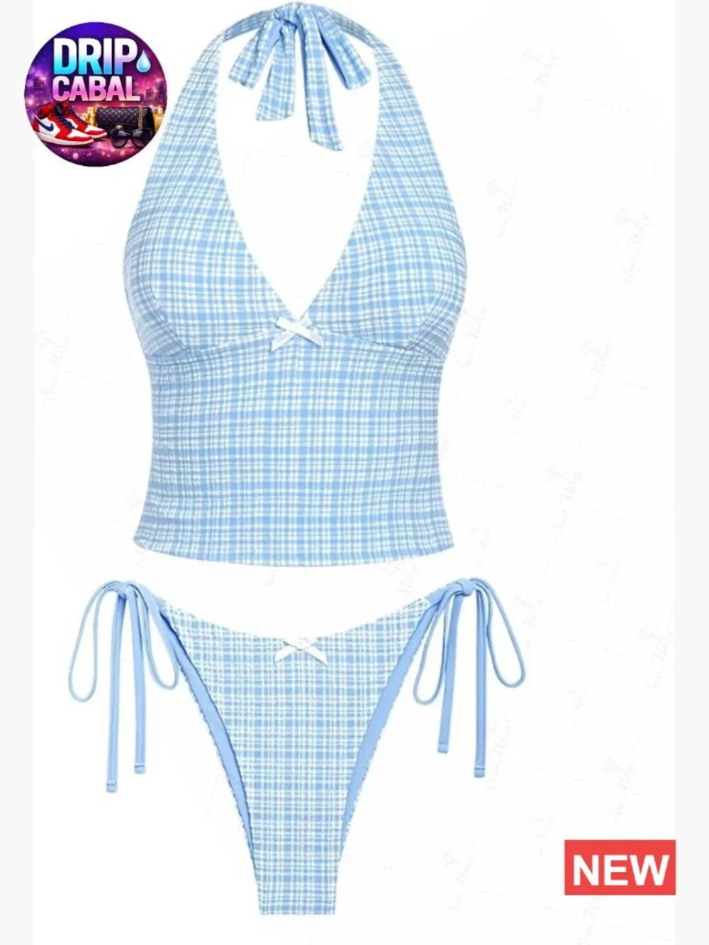 Eyelet Jacquard Textured Bowknot Halter Tie Side Tankini Set
